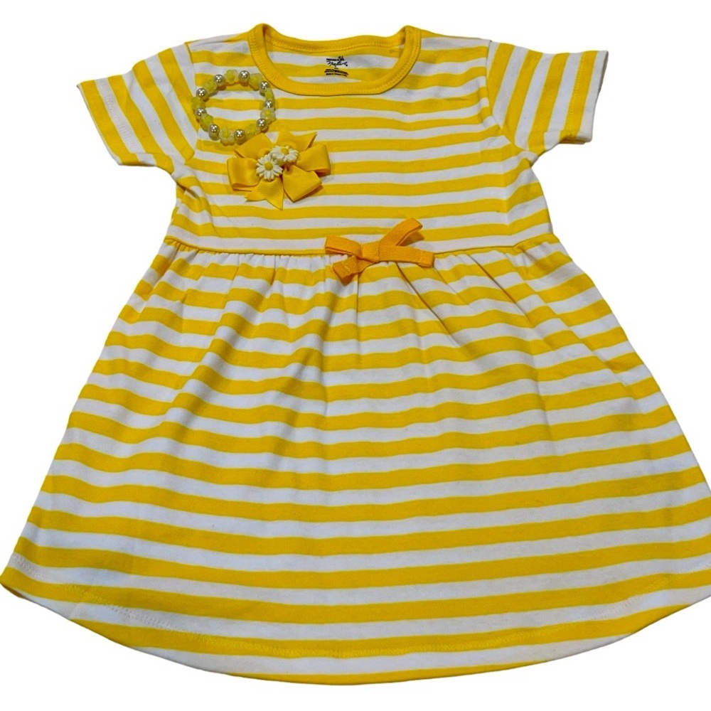 Girls striped sunflower dress matching handmade bracelets and hair bows 5T